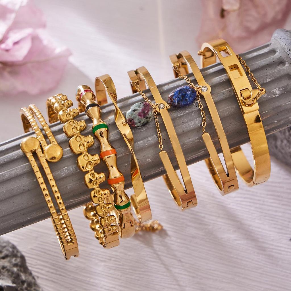 Modern Chinese Style Stone Pendant Gold-Plated Stainless Steel Geometric Bracelet