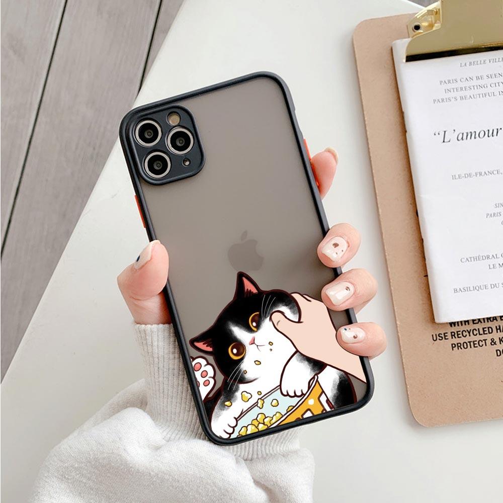 Animal Shockproof Matte Phone Case For Iphone 11 12 13 Pro Max Mini 7 Plus XR X S Cover Cute Pinched Face Eat Snacks Cat Cosplay