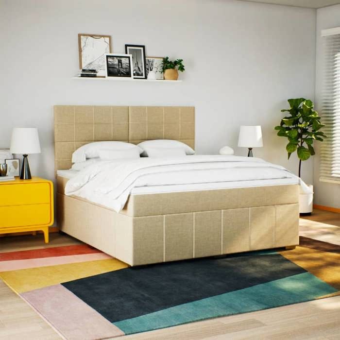 VidaXL Slat Bed Base with Mattress Cream 180x200 Cm Fabric, Bed, Platform Bed, Panel Bed, Furniture of 3291752