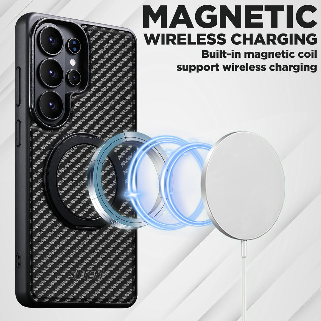 360-degree Rotating Magnetic Carbon Fiber Textured Phone Case for Samsung S26 Ultra S25 S24 S23 S22 Shockproof For Magsafe Cover