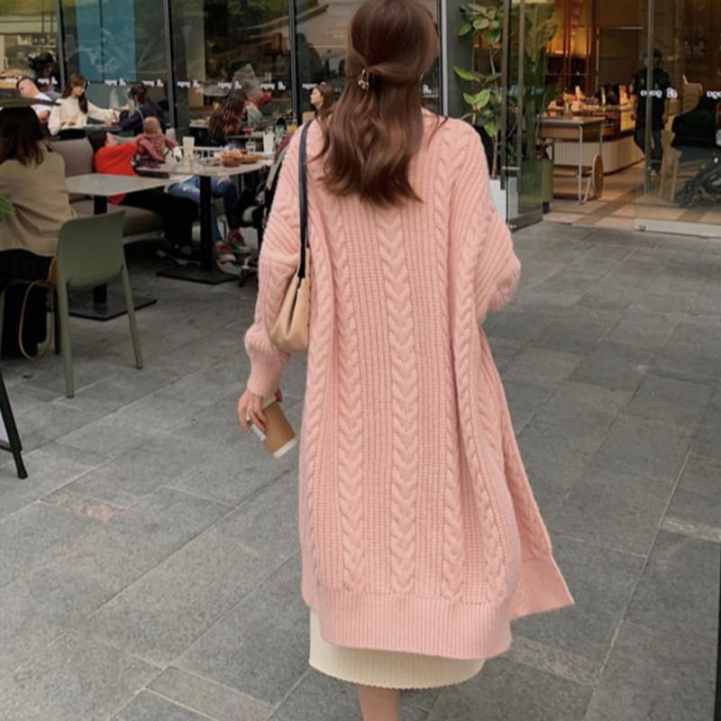 New Korean Style Knitted Cardigan Long Sweater Coat Women Casual Retro Twist V-neck Loose Spring and Autumn Fashion Long Sleeve Sweaters Simple Jacket
