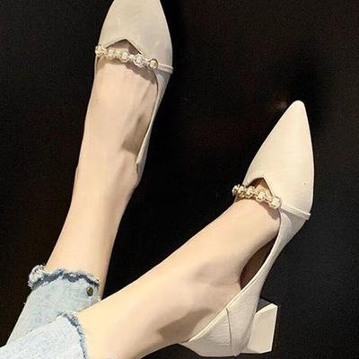 Baotou Mid-heel Sandals Spring New Pointed Head Shallow Mouth Crystal Metal Buckle Soft Sole Non-slip Slippers
