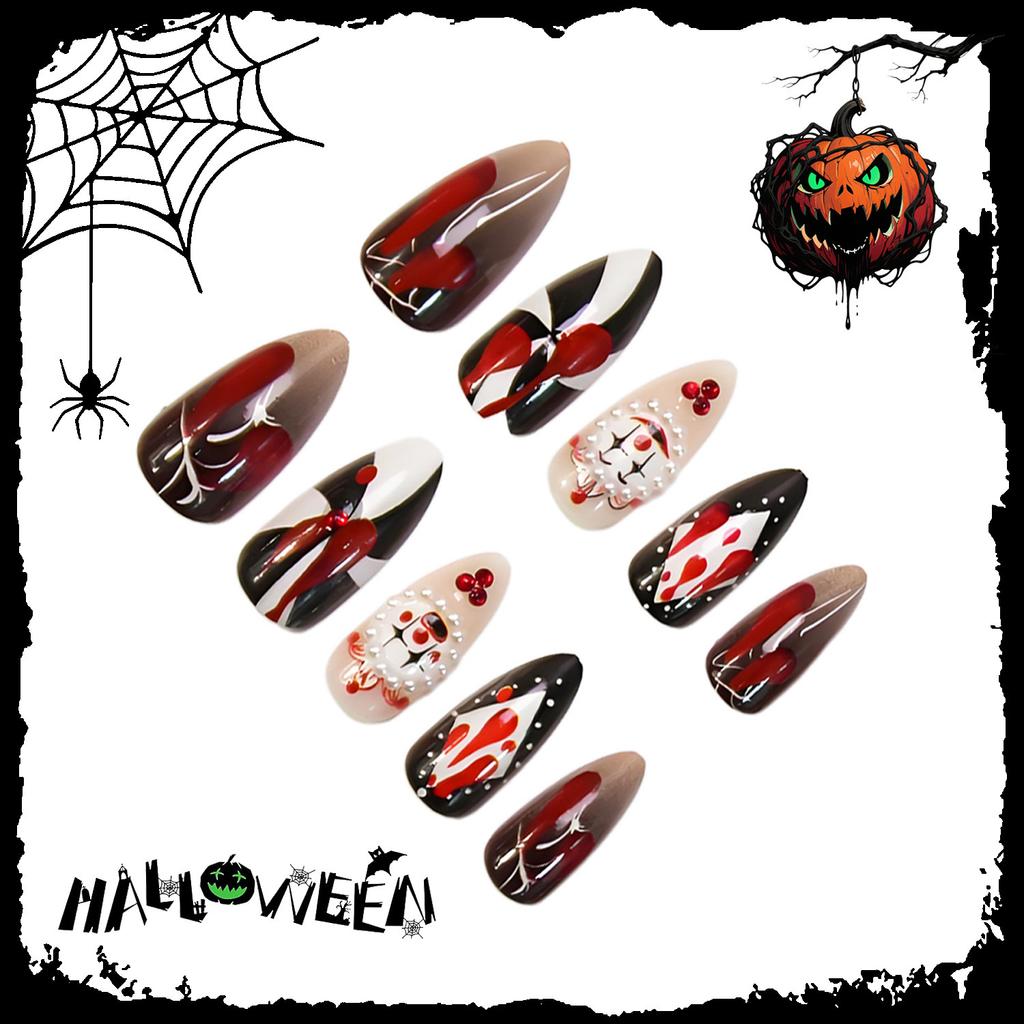 Press On Fake Nails Halloween Almond Stick On False Nail with Circus Clown Design Glossy Full Cover Artificial Acrylic Glue On Nails for Women 24Pcs