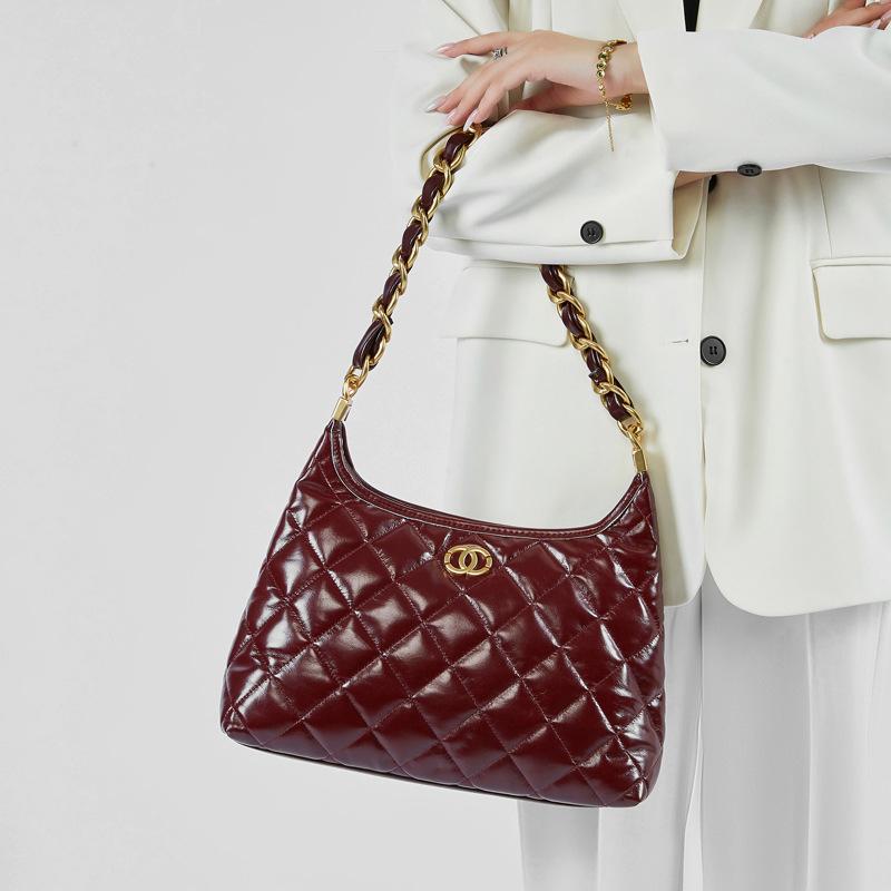 2025 New Style-Inspired Genuine Leather Single-Shoulder Hippie Bag High-End Thick Chain Hobo Underarm Bag Quilted Chain Bag