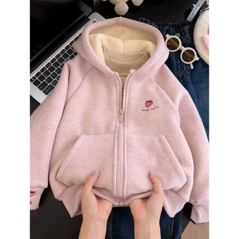 Girls Winter Alpaca Fleece Hooded Sweatshirt Thickened Warm Coat For Big Kids Students 110