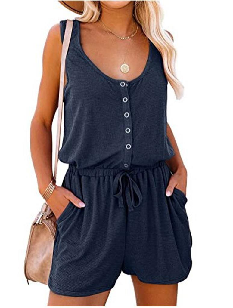 Women's Summer Sleeveless Jumpsuit with Waist Tied Casual Loose Wide Leg Shorts