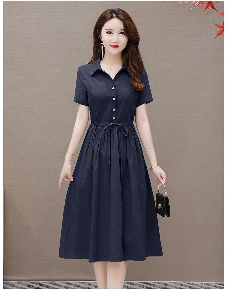 Women's 2023 Summer Solid Color Cotton Linen A-line Dress, Short Sleeve, Casual Slimming Design