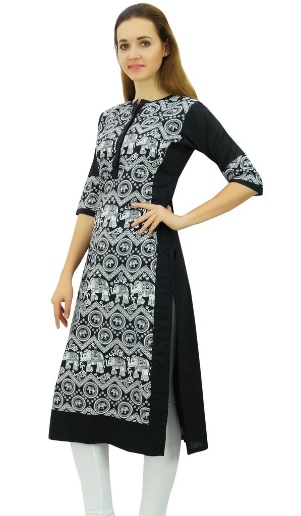 Phagun Women's Designer Straight Black Kurta 3 4 Sleeve Printed Casual