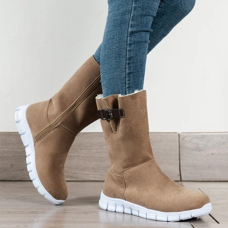 Winter Fashion Solid Color Sexy and Comfortable Flat Mid-calf Boots New Warm Plus Velvet Side Zipper Casual Women's Shoes Botas