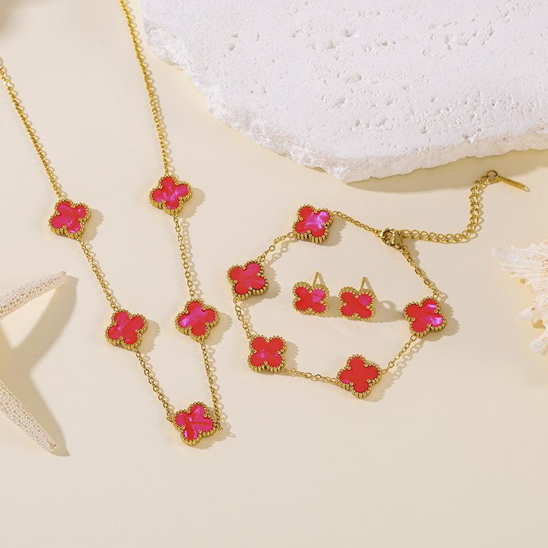 Set da 3 pezzi in acciaio al titanio, resistente allo sbiadimento, a doppia faccia, con quadrifoglio, moda donna, elegante, lusso leggero, collana per clavicola e braccialetto