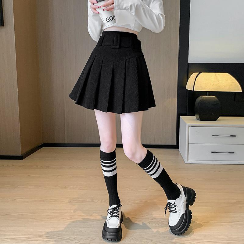 Vintage Corduroy Mini Skirts Women Autumn Winter Preppy Style High Waist Pleated Skirt Woman Fashion with Belt A-Line Skirts
