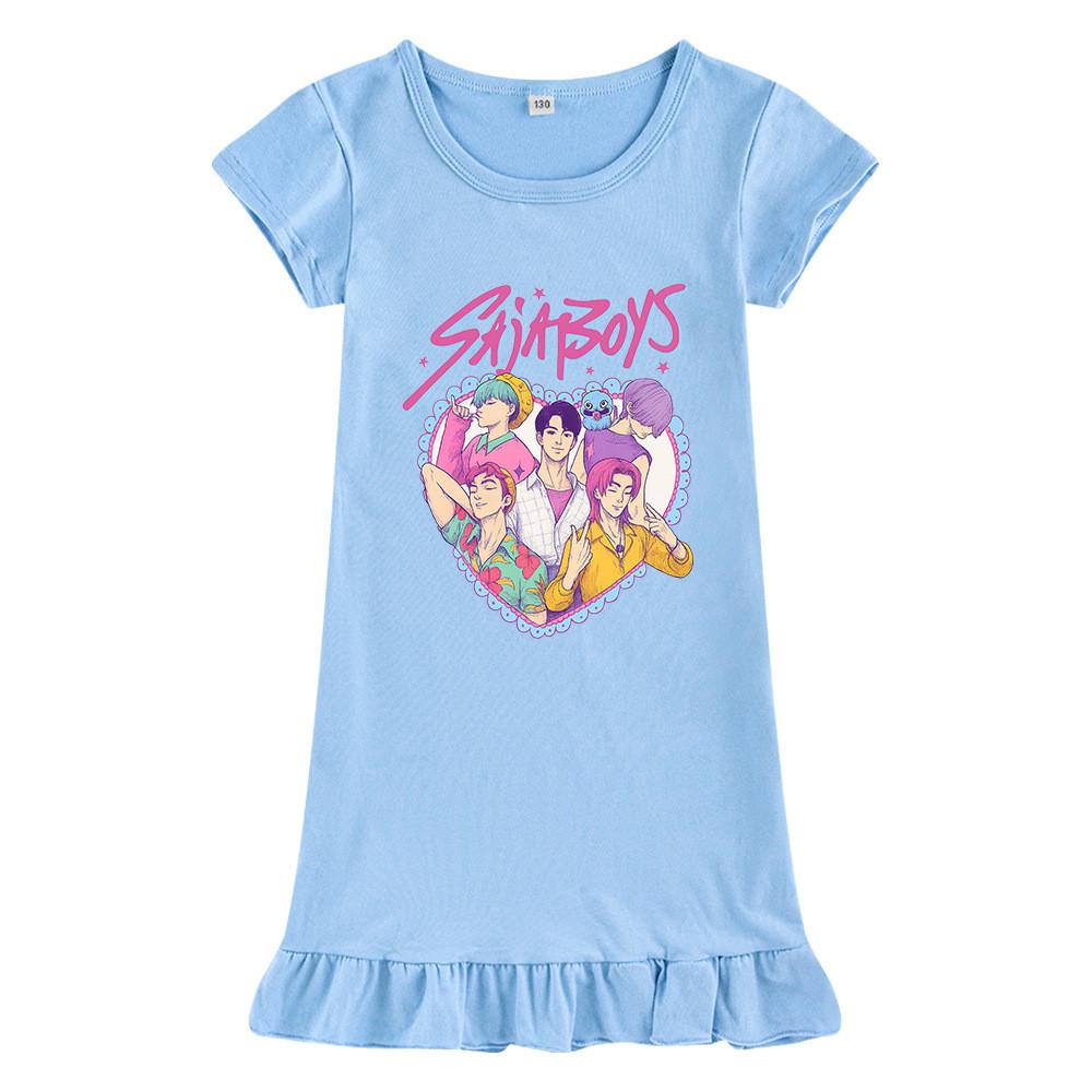 M1212 Kids Girls Sajaboys Kpop Rumi Zoey Mira Print Short Sleeves Ruffle Dress