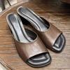 Cowhide Version~ French Simple Open-toed One-word Slippers for Women To Wear New Versatile Thick-heeled Medium-heeled Cool Slippers
