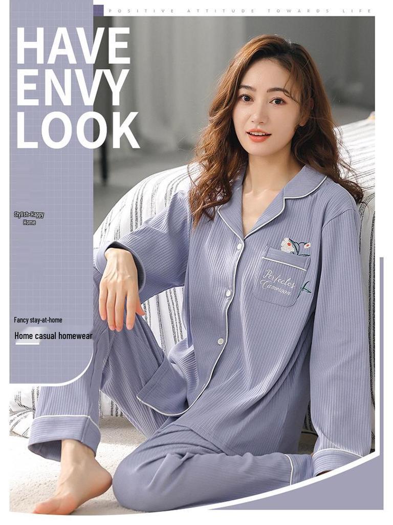 Ladies' Plus Size Cotton Pajama Set - Spring/Fall Long Sleeve Thin Style for Women and Moms
