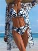 Halter Neck Printed Three-Piece Bikini with Long Sleeve Cover-Up for Women