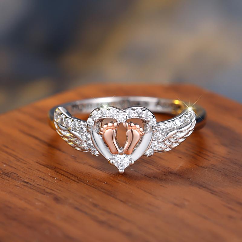Real 925 Sterling Silver Angel Wings Baby Feet Rings for Women Jewelry Best Gift for Mother