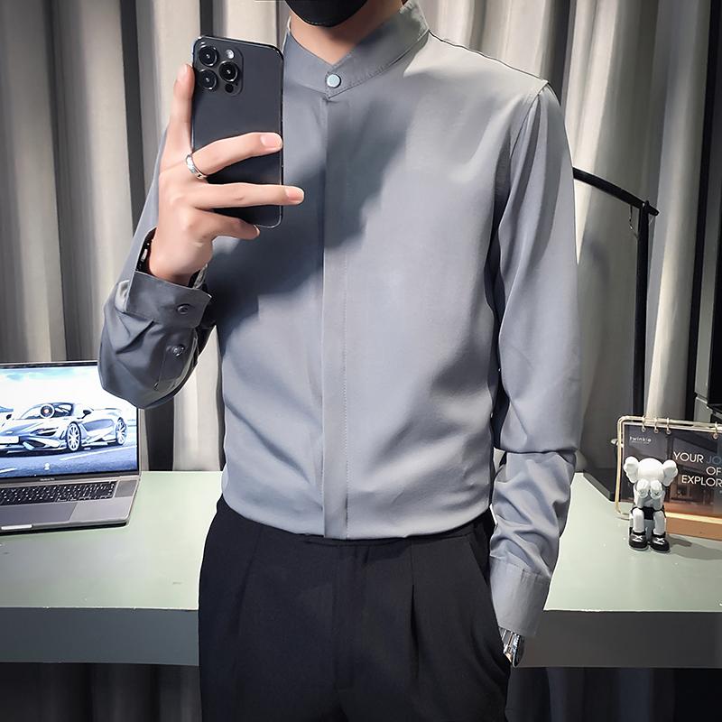 Spring New Solid Color Shirts Men Korean Fashion Stand Collar Long Sleeve Men's Social Dress Shirt