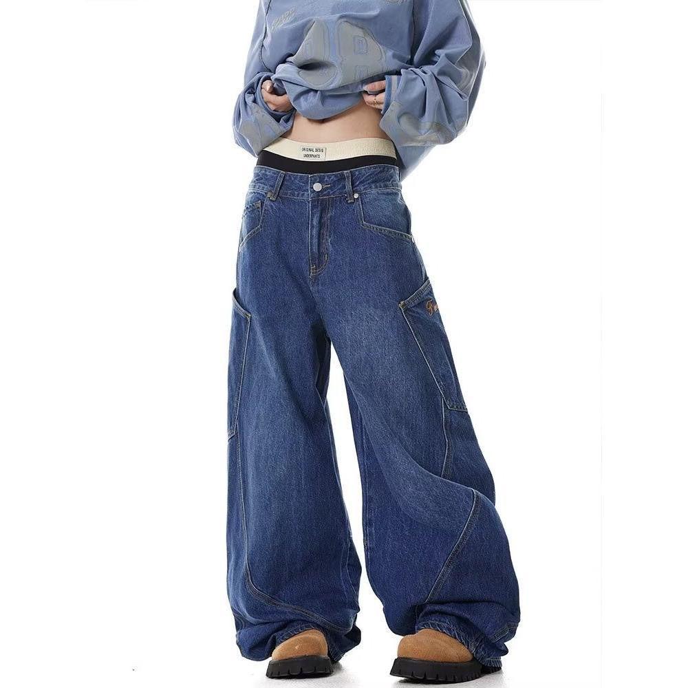 American Retro Street Style Wide Legged Dropped Crotch Distressed Curved Blade Design Jeans Loose Fit Trousers Casual Fashionable Pants