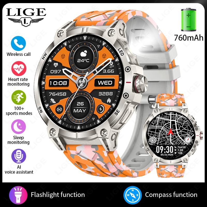 Steel 1.85" Bluetooth Call Smart Watch Men Sports Fitness Tracker Watches Outdoor LED Flashlight Compass Smartwatch 760mAh