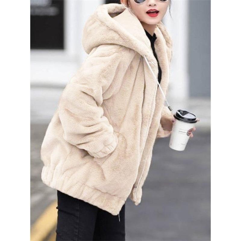 Fleece and thickened imitation rabbit fur hooded sweater jacket women's medium and long winter loose long sleeves
