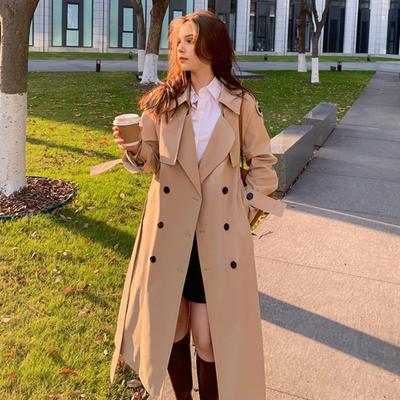 Fall Spring Women Jacket Oversized Turn-down Collar Double-breasted Overcoat with Belt Mid-calf Length