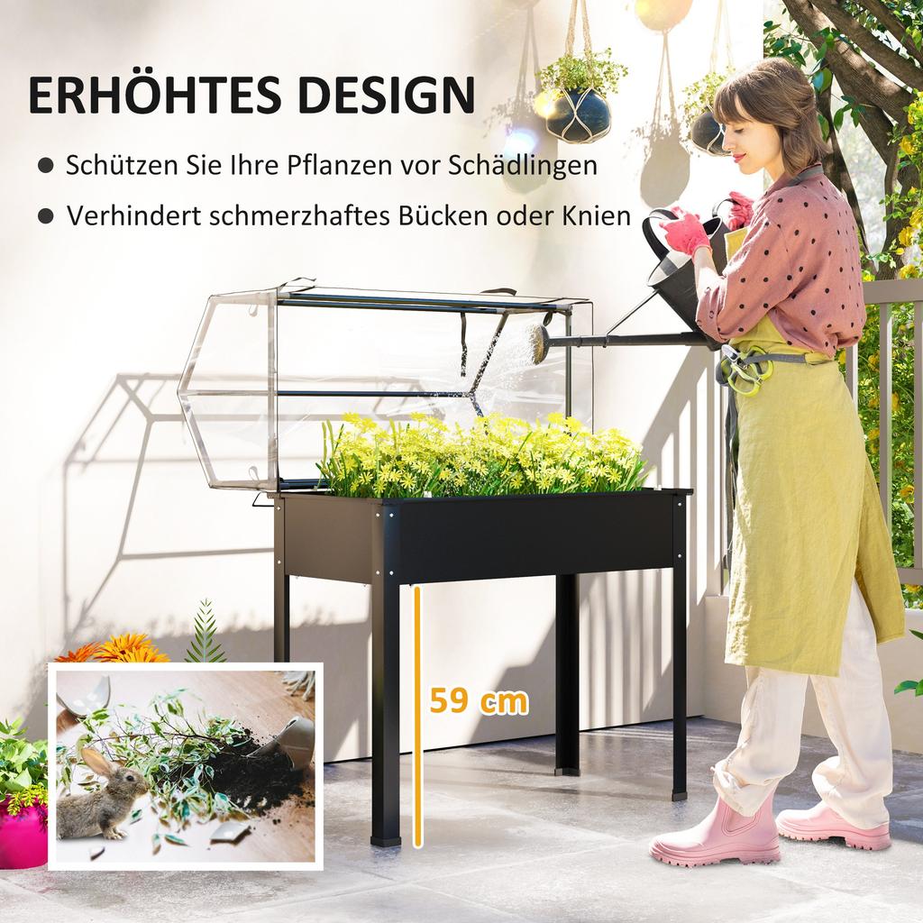 Raised Garden Bed with Greenhouse Roof, Elevated Planter Box with Drainage Holes, 100 x 48 x 124 cm, Black