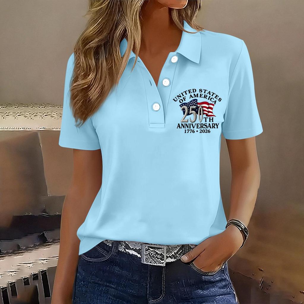 Women's Casual Button Front Short Sleeve Polo Shirt 250th Anniversary United States Printed Top 1776 To 2026 Commemorative Apparel