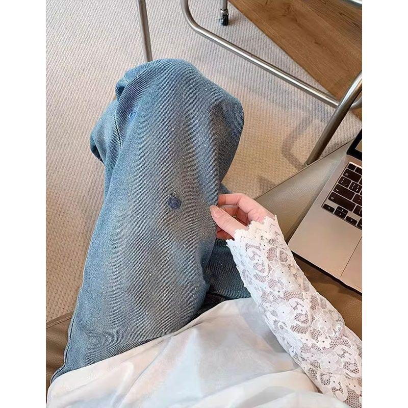 Women's Blue Rhinestone Embroidered Denim Wide-Leg Jeans - Plus Size, High Waist, Slimming, Casual, Versatile, Spring Collection.