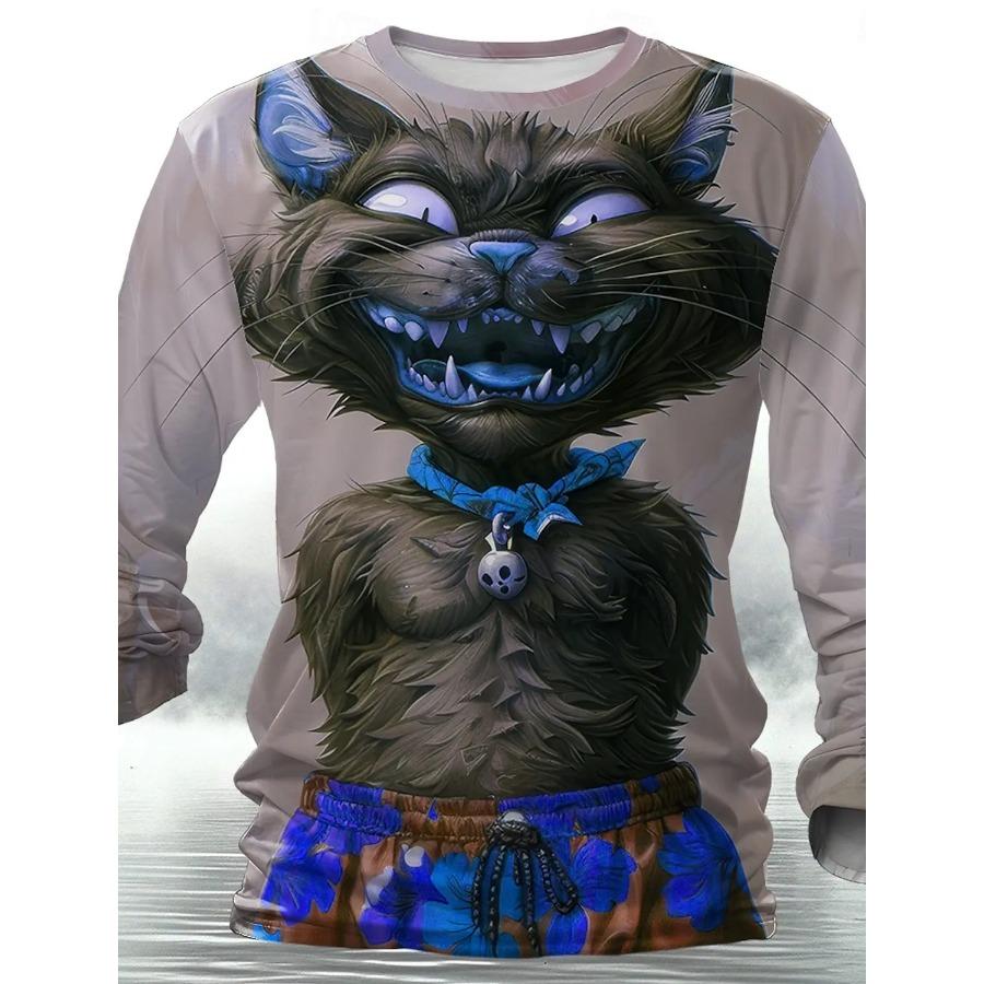 Padrão de gatinho de Halloween impresso em 3D, camiseta masculina de outono com gola redonda, manga comprida casual, pulôver grande, moda tops