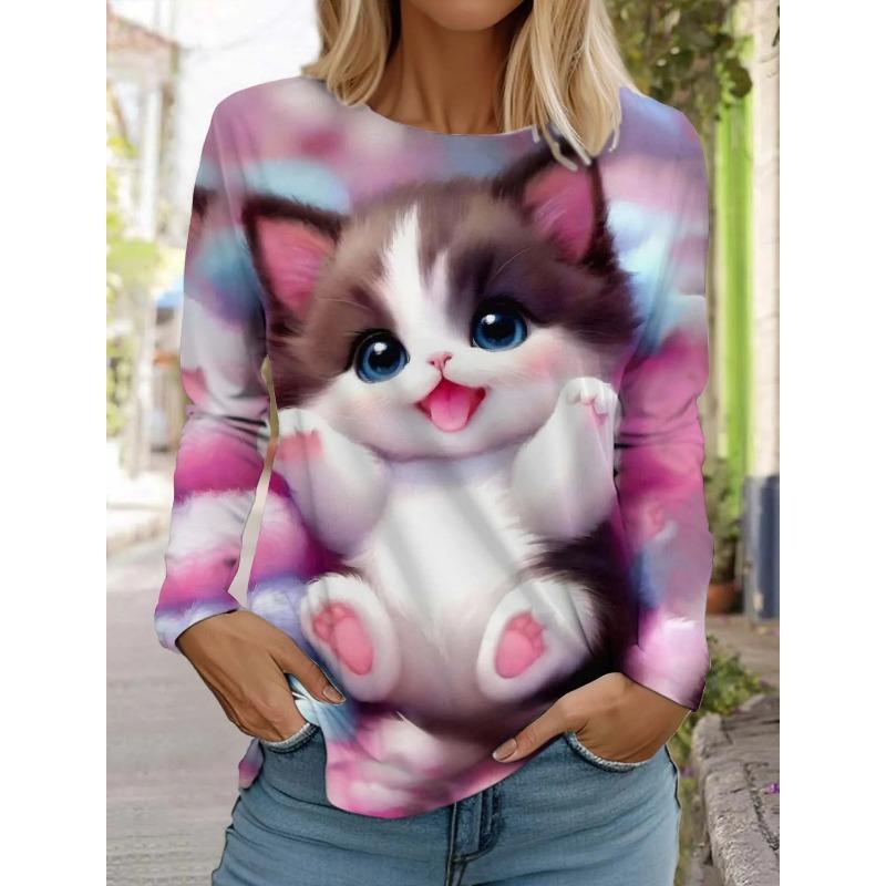 Cute Cat Women's Long Sleeves T-Shirt Round Neck Autumn Animal Clothing Holiday Fashion Party Top