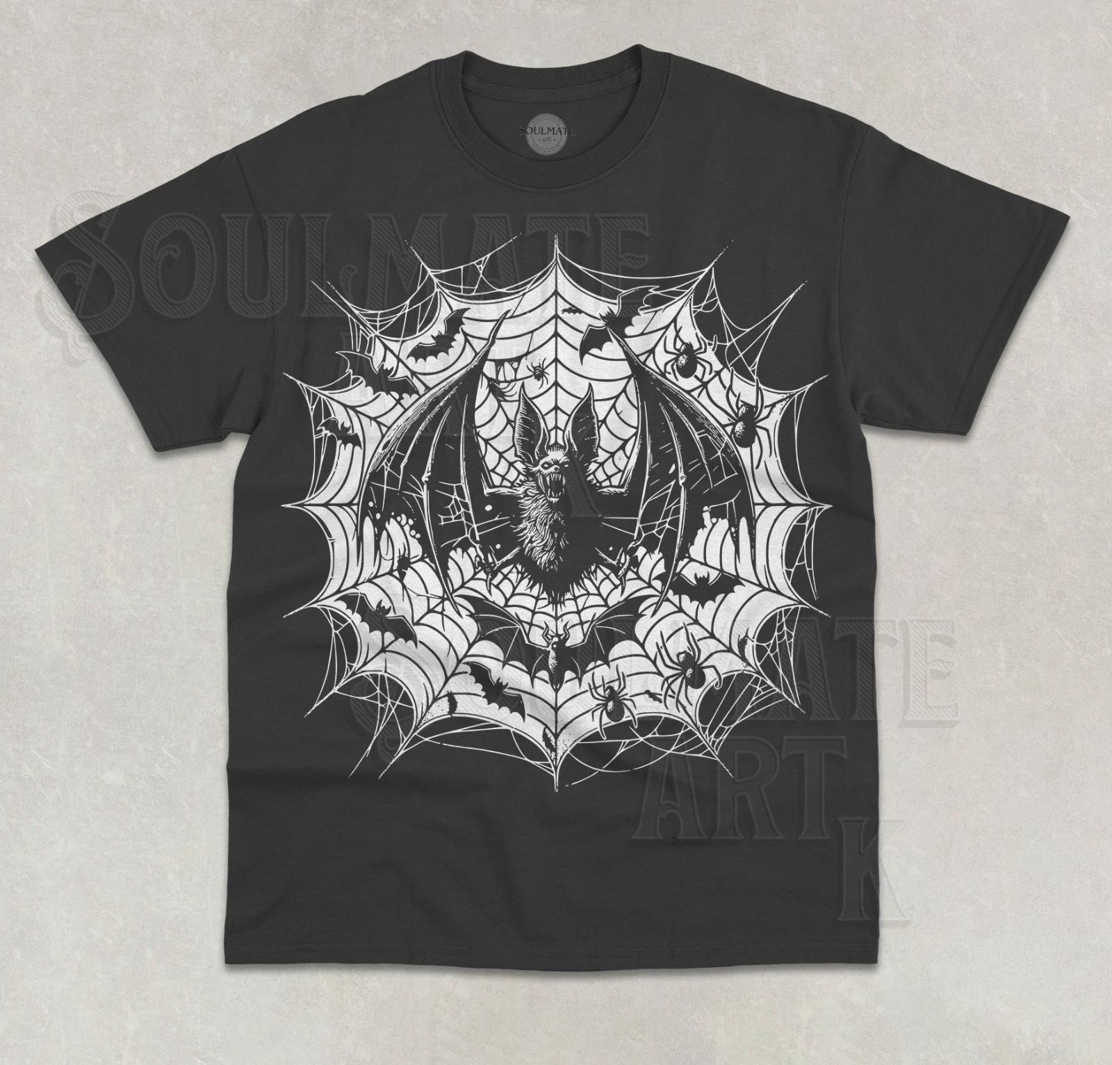 Spider Cob Web T-Shirt Funny Dark Art Gothic Nocturnal Scary Bat Graphic Shirt S