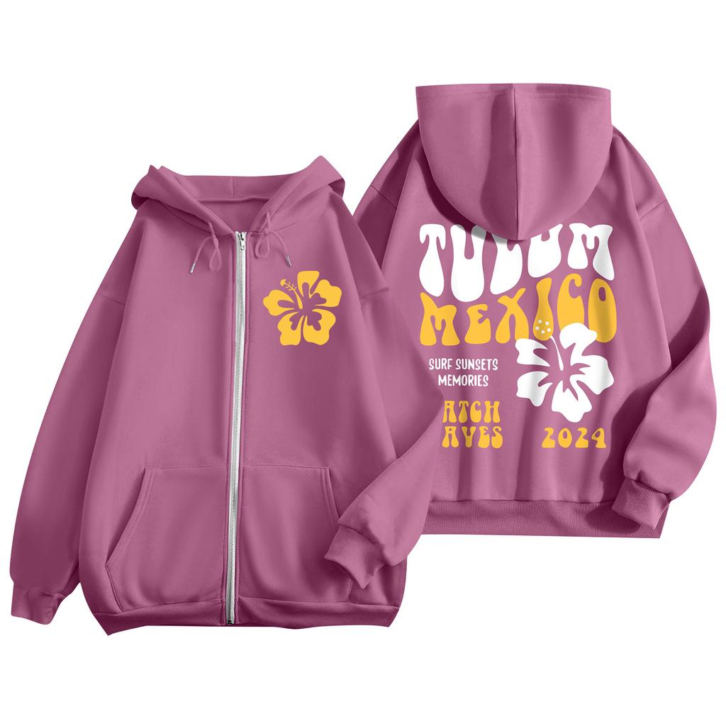 Women's Zip Up Hoodies Teen Girls  Flowers Printed Sweatshirt Clothing Casual Drawstring Jacket With Pockets