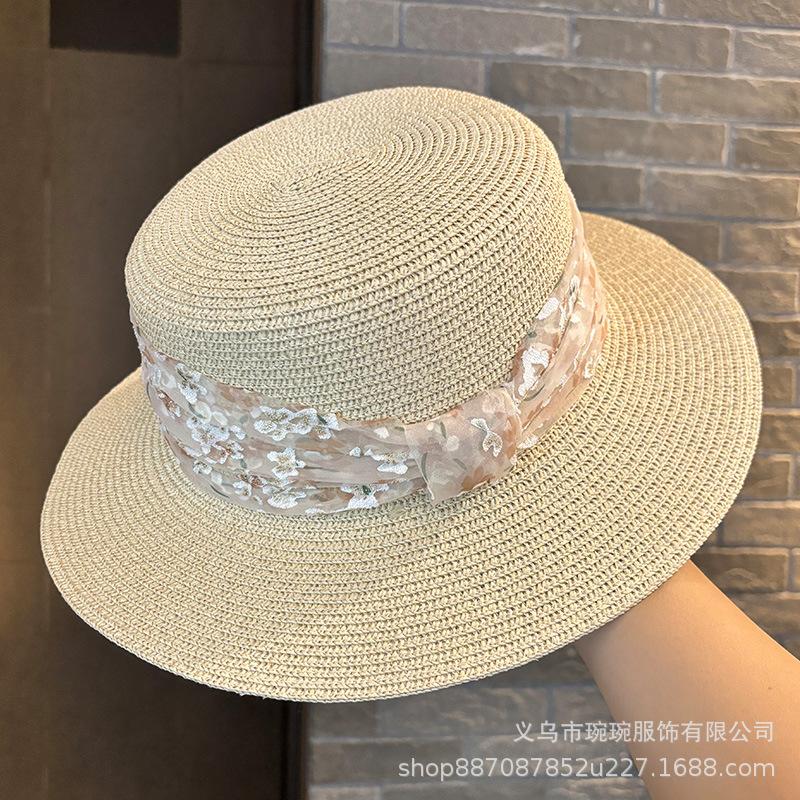 Summer New Floral Decorative Straw Hat Women's Outdoor Travel Seaside Sunshade Beach Hat Casual Versatile Flat Top Hat