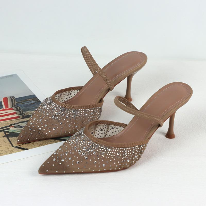 

Мода 2025 Женские сандалии Сетка Стразы Полусабо Высокий каблук Женская обувь Лето Обхват щиколотки Тонкий ремешок Блеск Изысканные женские туфли 42 бежевый
