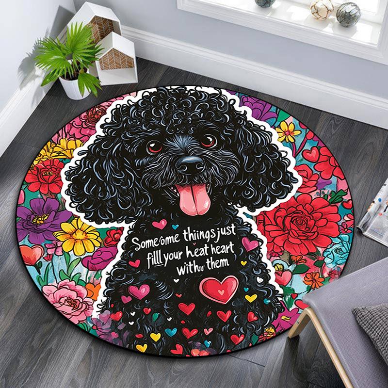 

Black Poodle Flowers Round Area Rug,Carpet Rug for Living Room Bedroom Sofa Playroom Decor,Non-slip Floor Mat 80cmx80cm