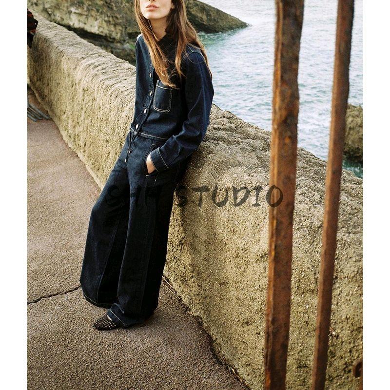 High Waist Wide Leg Jogging Plaid Jeans 1934027 Denim Cotton Long Sleeves Short Shirt 1934029