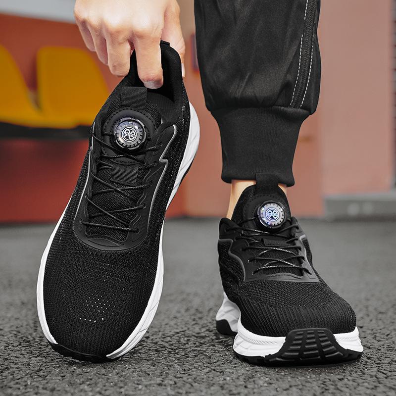 2024 Summer New Rotating Button Strap-free Platform Sneakers Fashionable Fly-woven Breathable Running Men's Shoes