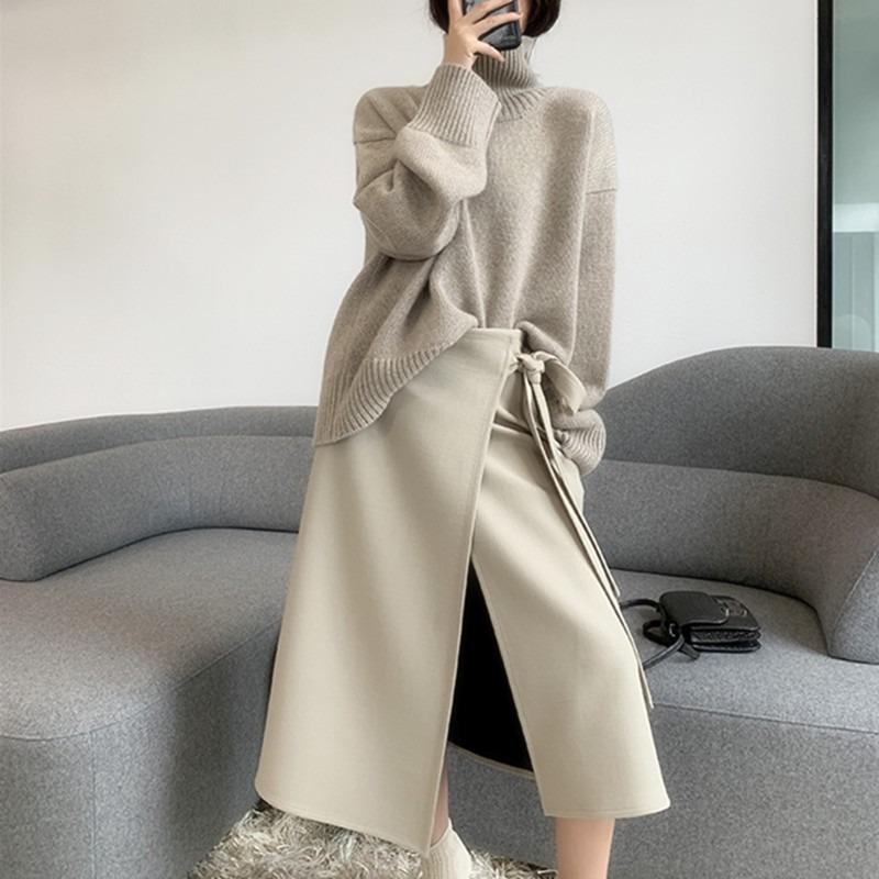 Women S Autumn Winter High Neck Pullover Sweater Loose Fit Casual Lazy Style Solid Color Knit Top