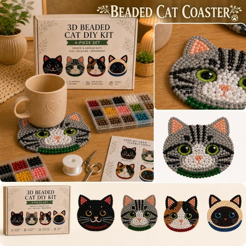 3D Beaded Cat DIY Kit 4Piece Set Handmade Cat Face Coaster Craft Kit with Beads Thread and Instructions for Handmade Projects