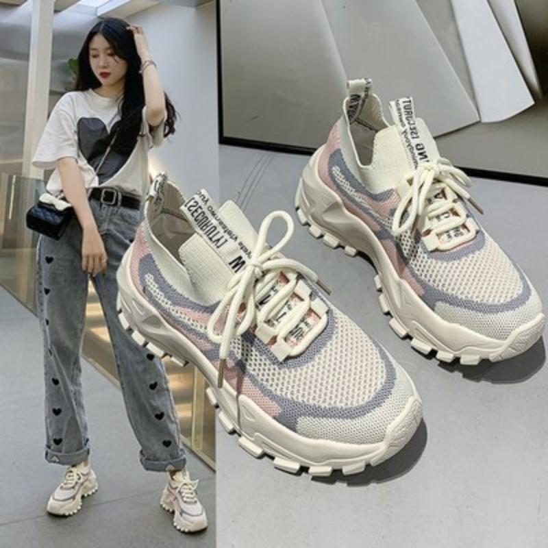 Neue Damenschuhe Modische Freizeitschuhe Neue Laufschuhe für draußen Fliegengewebte atmungsaktive modische Schuhe Damenschuhe mit dicken Sohlen