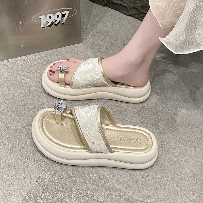 Beautiful Set of Toe Slippers for Women's Summer Outer Wear Fashion 2025 New Thick-bottomed Versatile Rhinestones with Skirts, Beach Cool Slippers