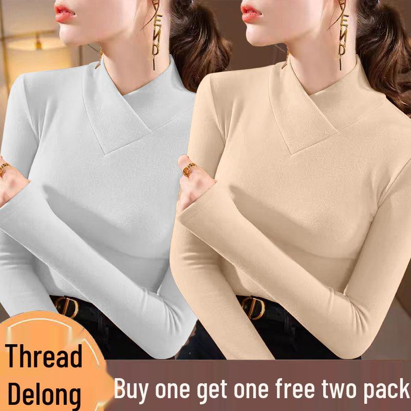 Double-sided Threaded Semi-high Neck Slim-fit Warm Base Layer Top for Women - Autumn/Winter Long-sleeve T-shirt
