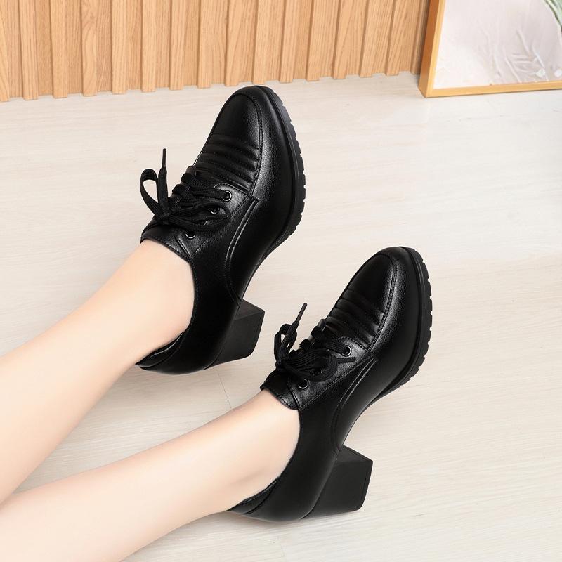 Mode Bequeme Weiche Lederschuhe Damen Plateau Pumps 2024 Frühling Schnürschuhe Block Mittelhohe Absätze Schuhe Oxfords Für Büro Mutter Arbeit