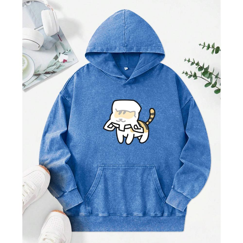 The Cat'S Head Is Wrapped In A Bag Printed Women Washed Hoodie Street Hoody Loose Pocket Tops Cotton Pullovers