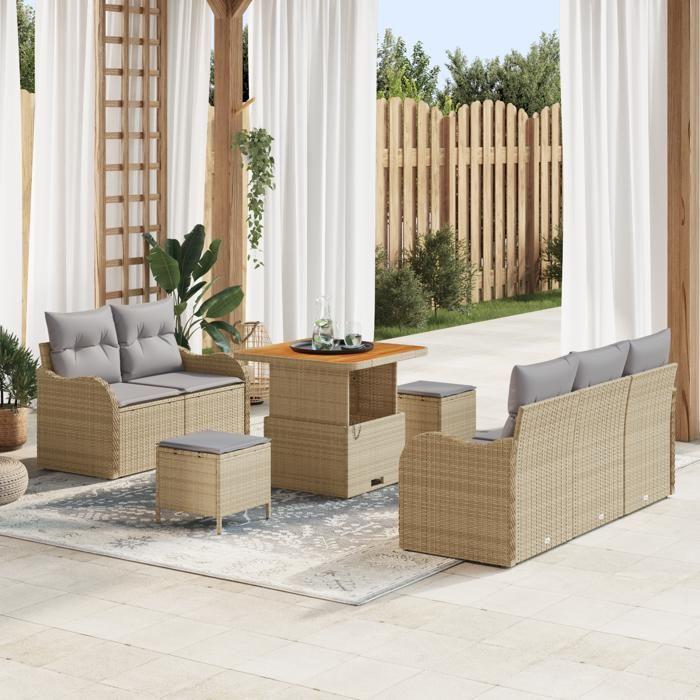 Ensemble de Canapés de Jardin 8 Pièces avec Coussins Beige Poly Rattan Acacia, Canapé de Jardin 2 Places avec Coussins Beige 3362207