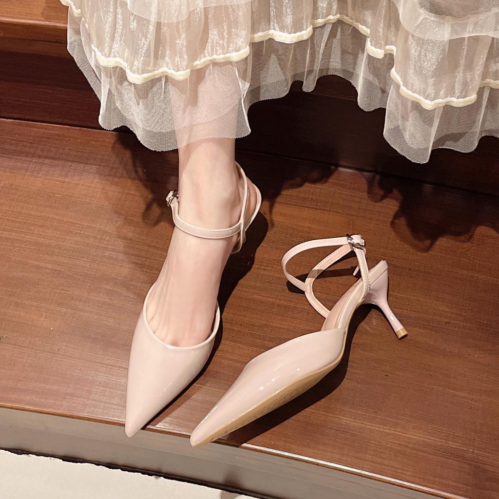 2026 Spring and Summer New Leather Single Shoes Red Pointed Toe Back Empty Sandals