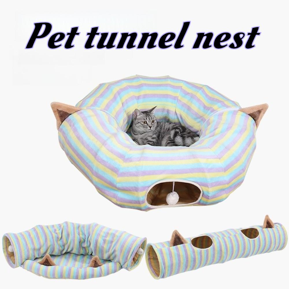 Striped Cat Tunnel Sleeping Beds Foldable Cats Tunnel Breathable Wear-resistant Cat Toys Interactive Accessories for Cats