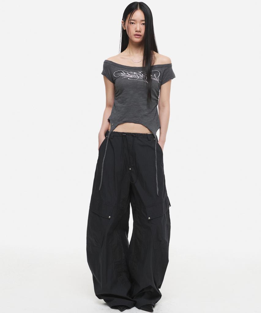 DNSR (W) Studded Nylon Curved Cargo Pants Black