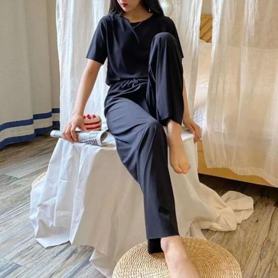 Casual Ice Silk Pajama Set with Round Neck T-shirt and Wide Leg Trousers