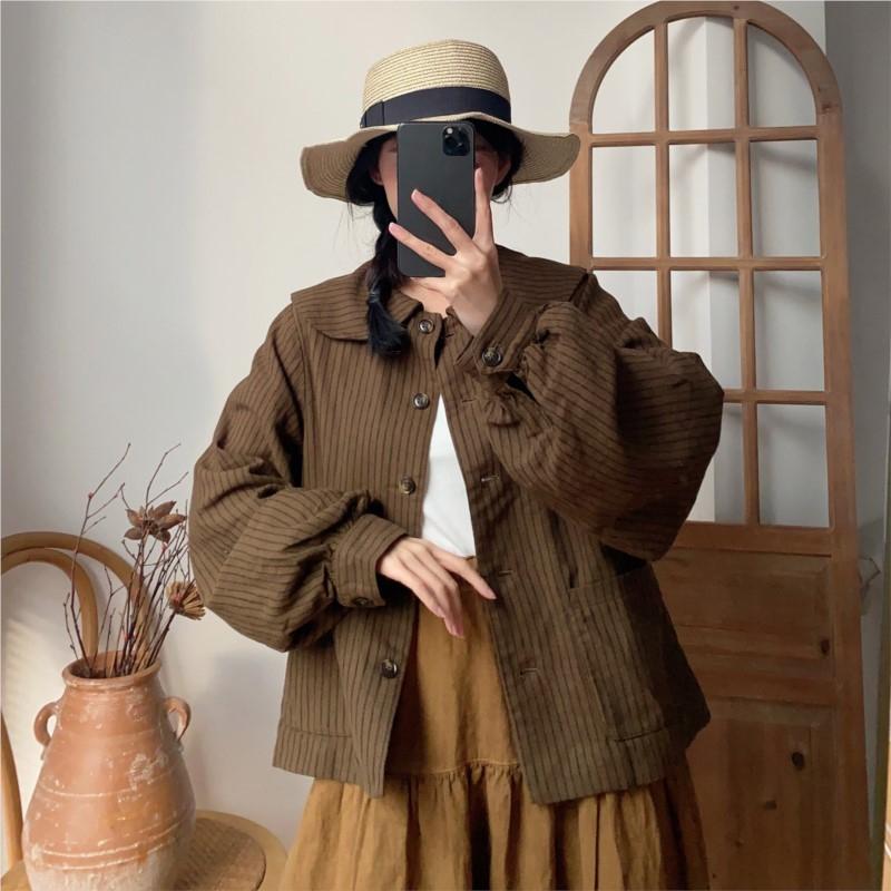 Johnature Jackets Spring Vintage Casual Turn-down Collar Striped All Match Pockets Loose Female Coats